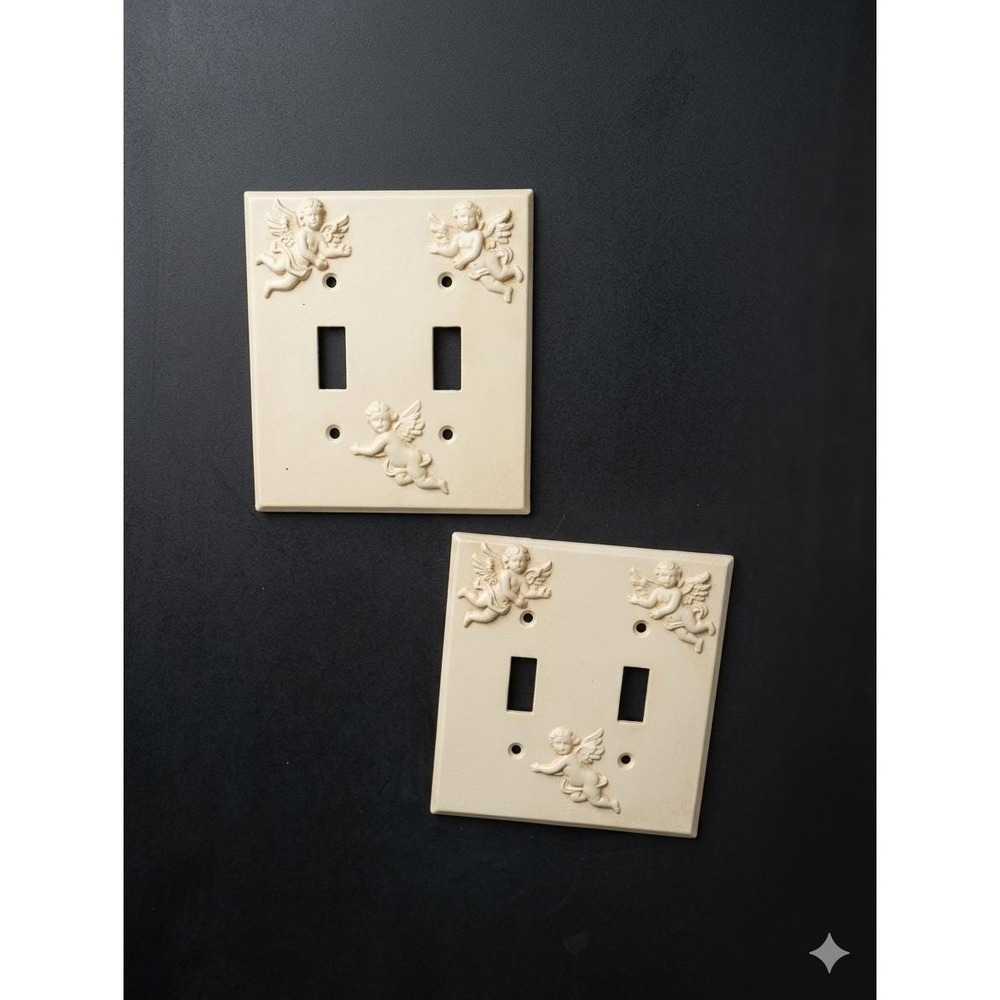 Vintage Cherub Angel Double Light Switch Covers Cream Set of 2 Raised Relief 5"